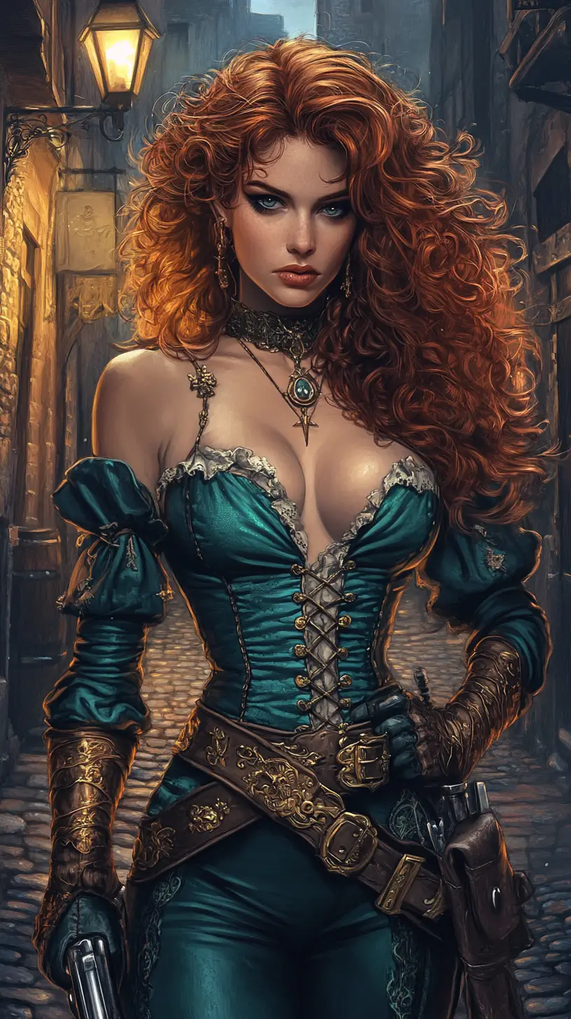 Guerriera fantasy in una strada medievale illuminata da lanterne
