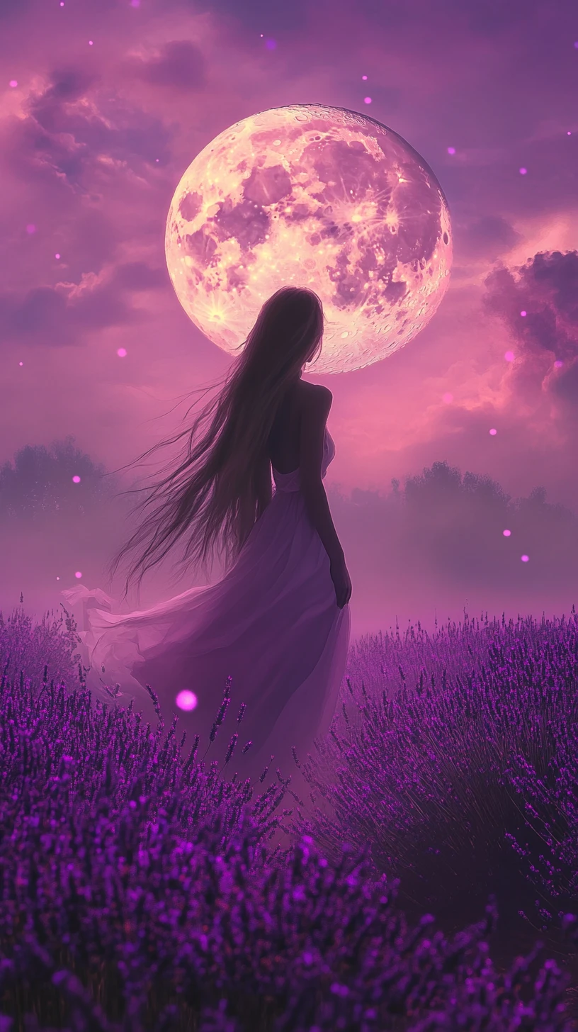 Ethereal woman in lavender field beneath glowing full moon