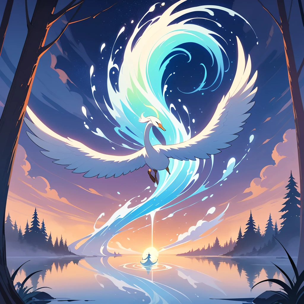 Two glowing swans rising above a luminous twilight lake