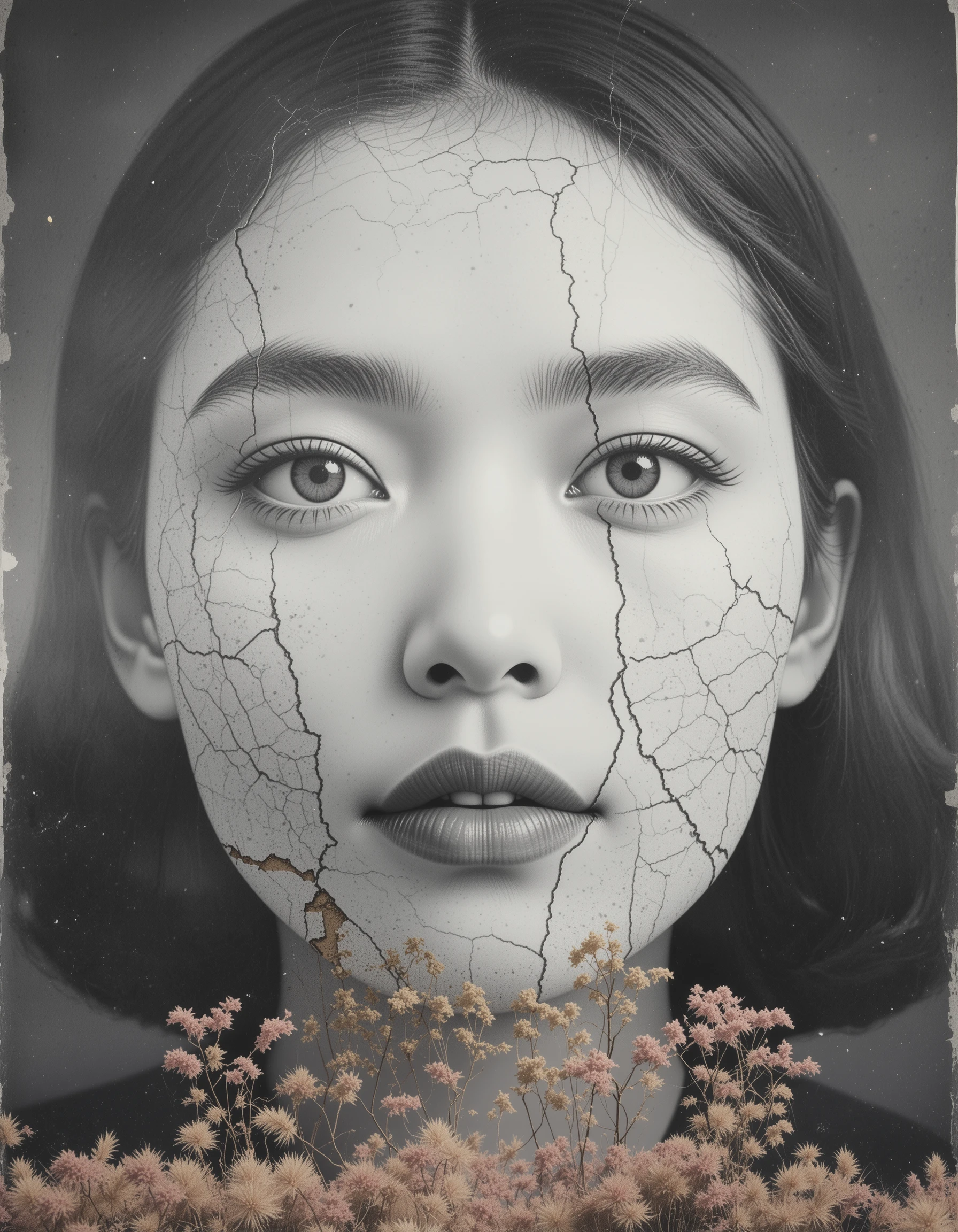 Surreal collage of overlapping vintage portrait and landscape