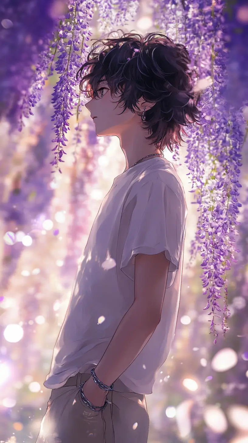 Ragazzo anime sotto una cascata di fiori di glicine viola
