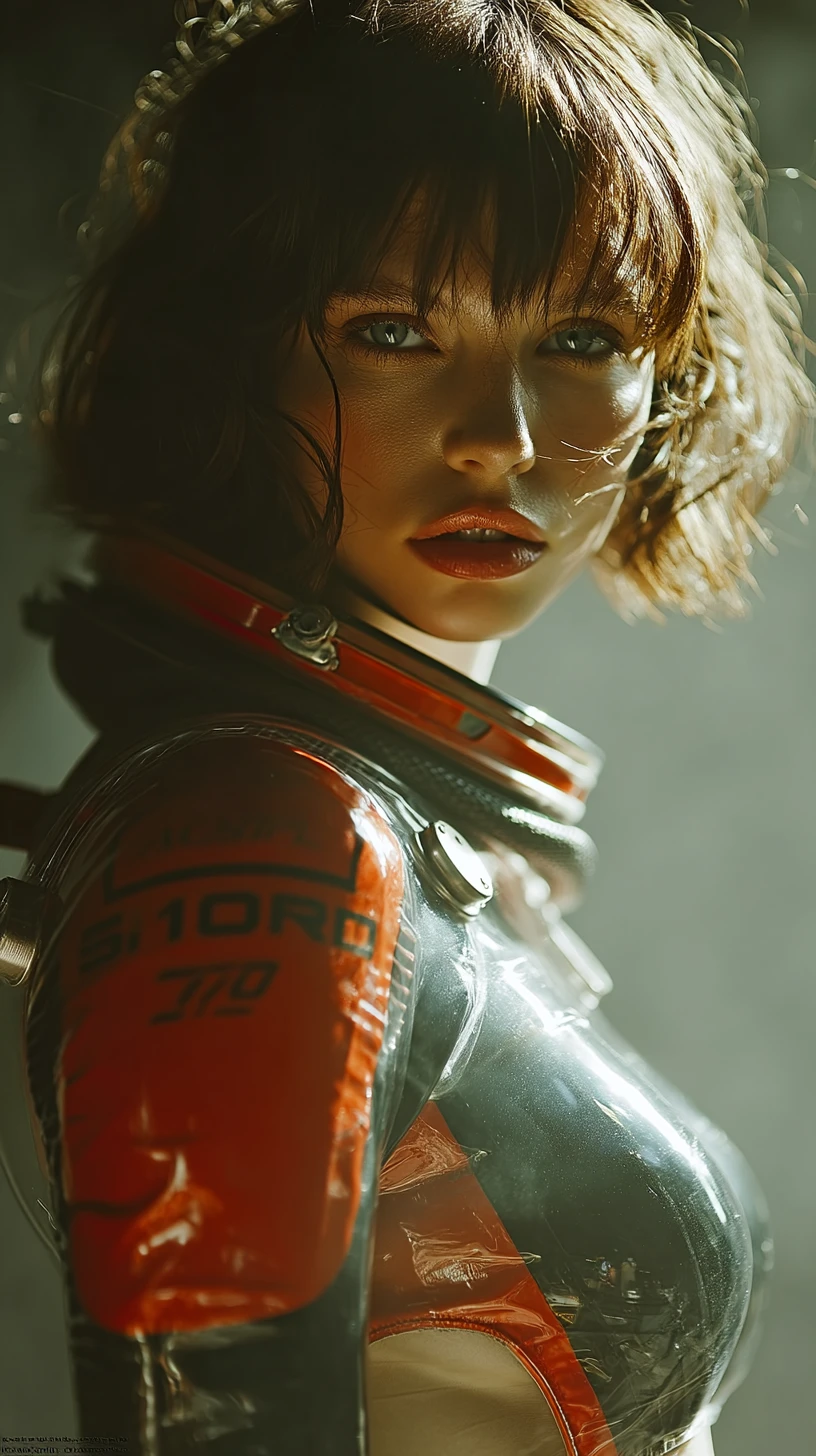 Female astronaut in black and red suit on alien world