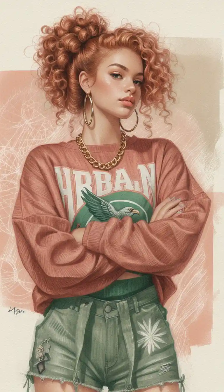 Confident woman in vintage streetwear fashion illustration