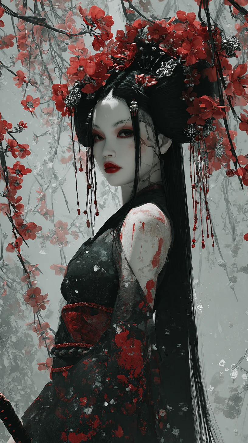 Gothic geisha with stitched lips and crimson sakura kimono