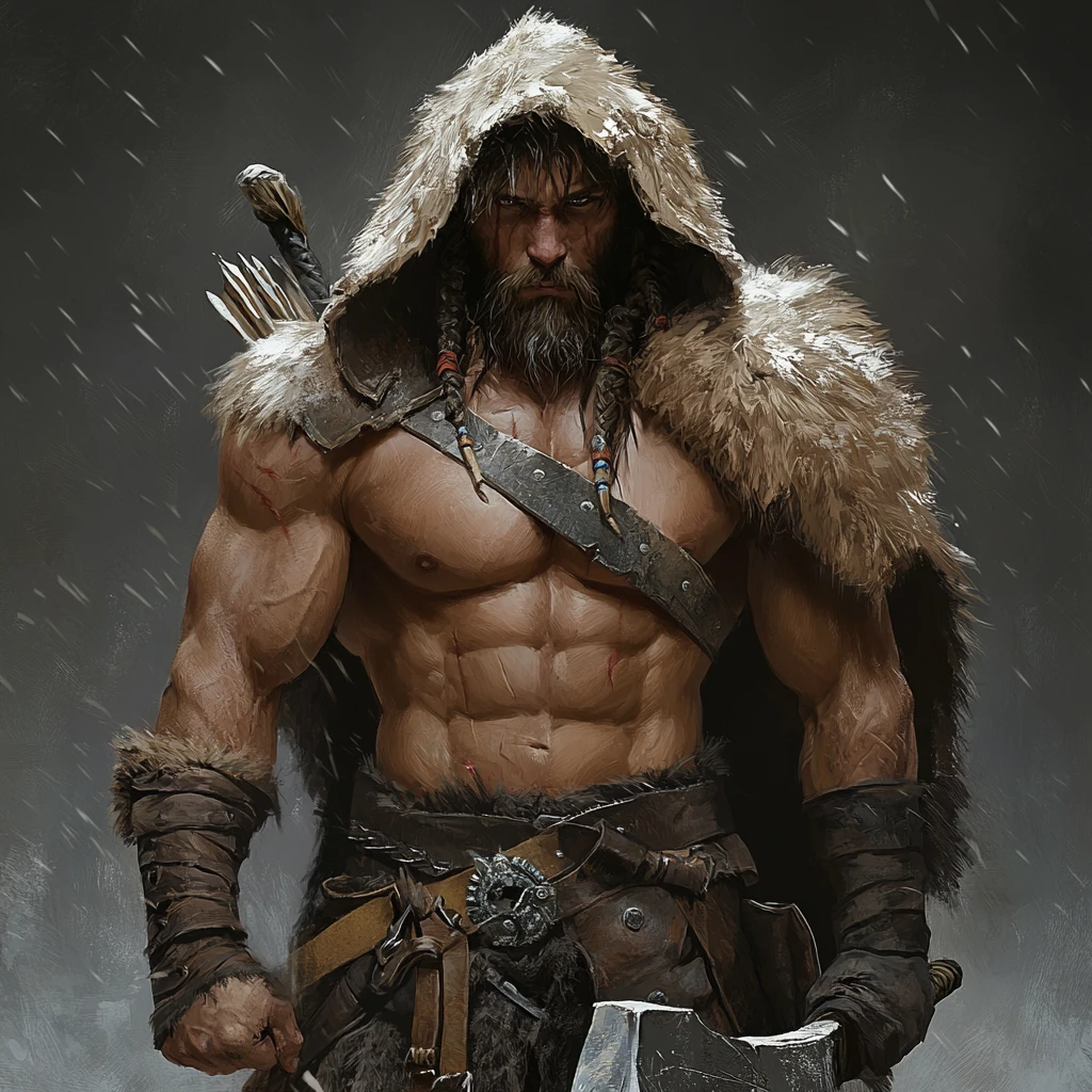 Barbarian guardian warrior in fur and leather with axe