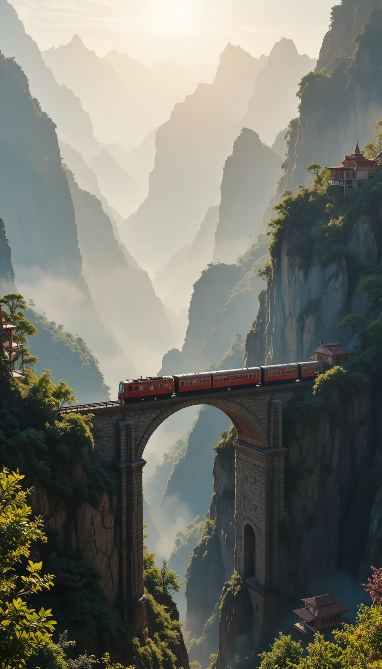 Vintage red train crossing a high mountain stone bridge