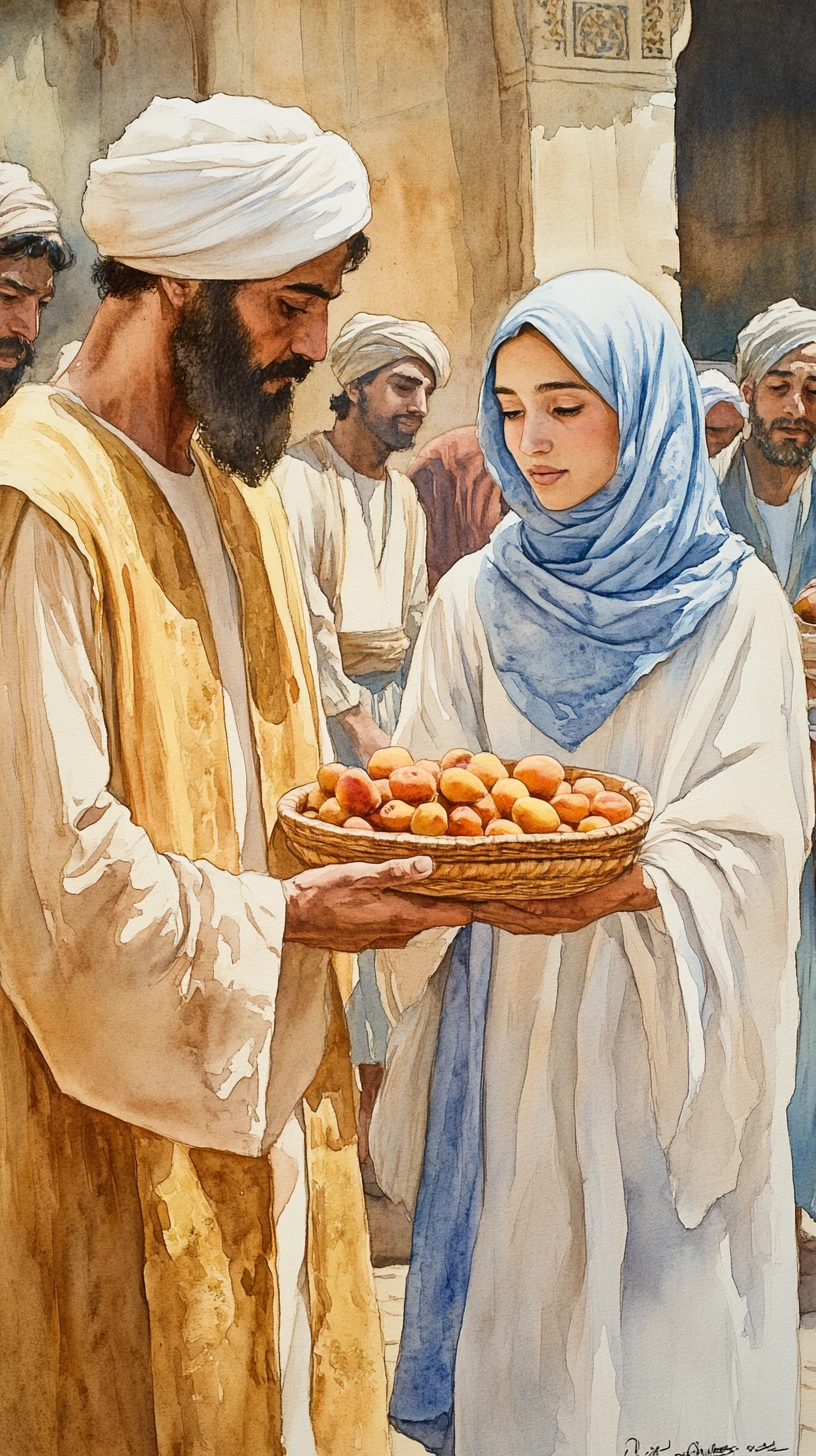 Watercolor scene of merchant sharing fruit in ancient marketplace