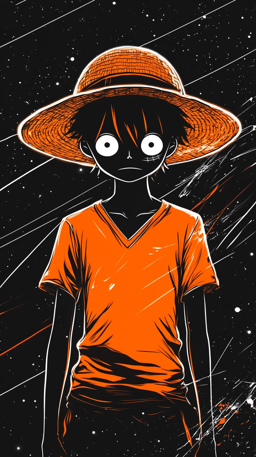 Neon anime swordsman with straw hat in cosmic darkness