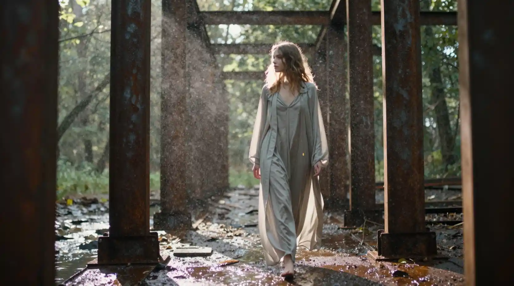 Young woman walking through steel columns in misty ruins