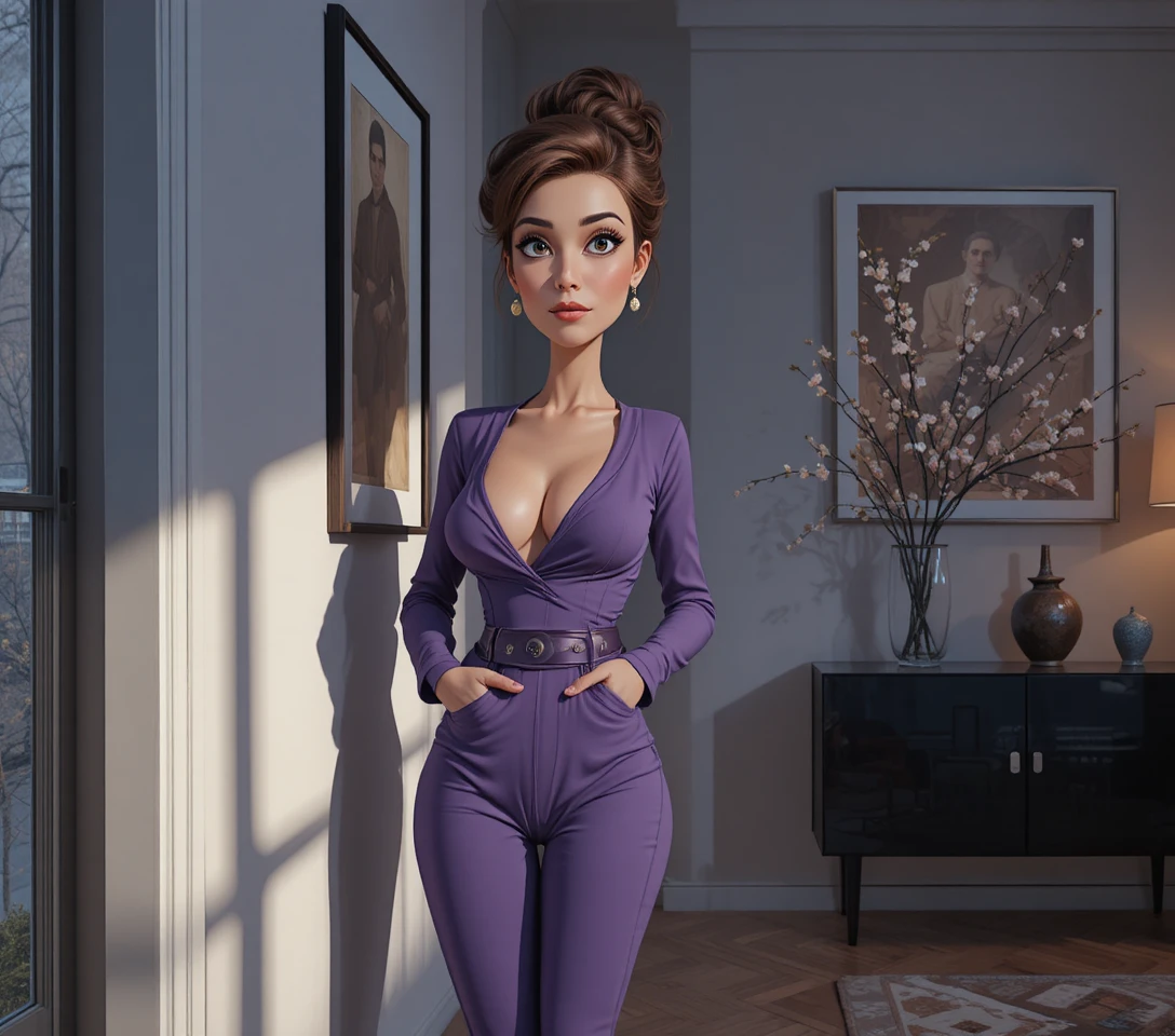 Woman in violet jumpsuit in warm evening apartment light