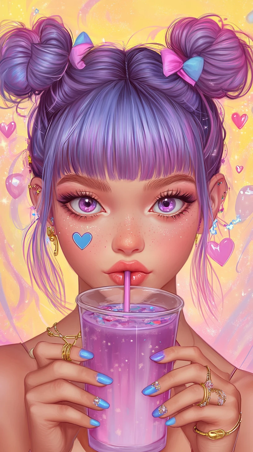 Pastel anime girl sipping bubble tea in dreamy colors