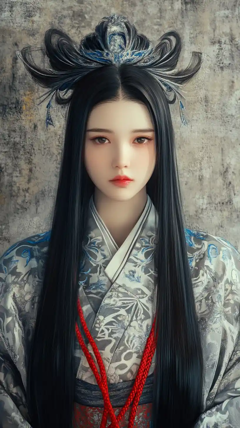 Young woman in ornate kimono with sculptural headdress