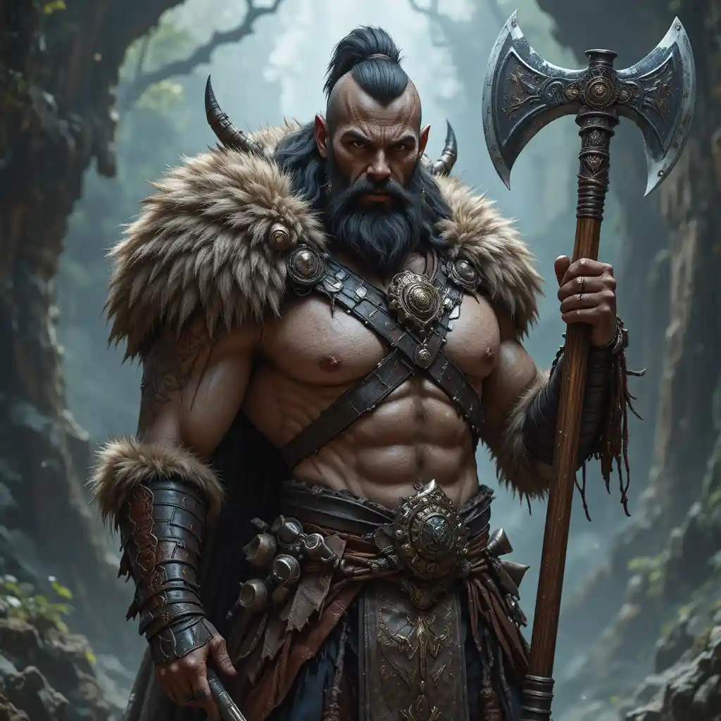 Mongolian inspired barbarian guardian with axe and furs
