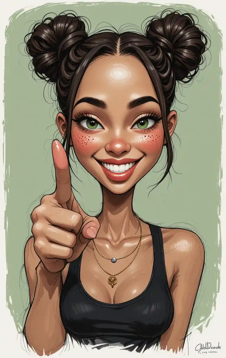 Playful girl caricature pointing forward with bright green eyes
