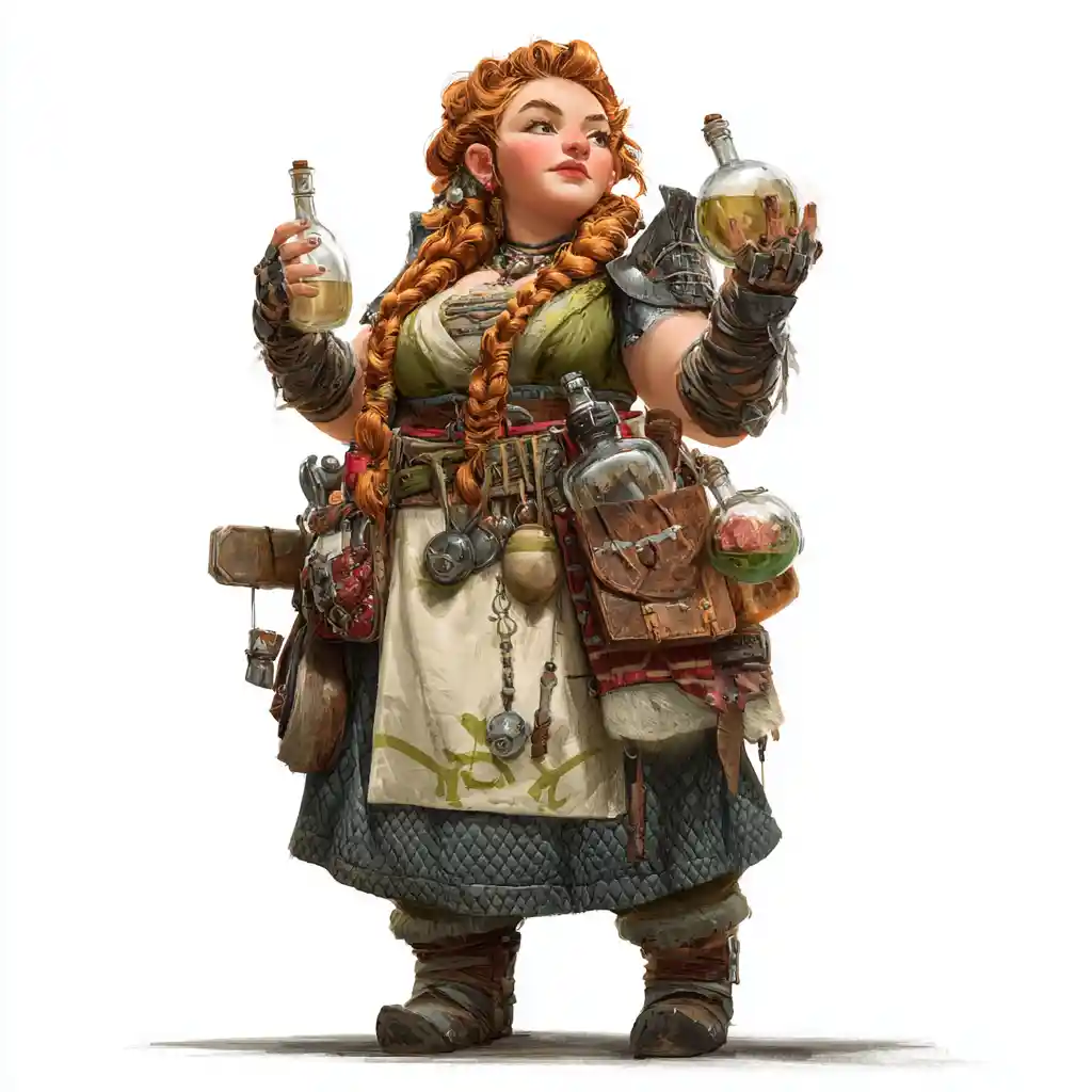 Cheerful dwarf alchemist redhead woman in leather apron