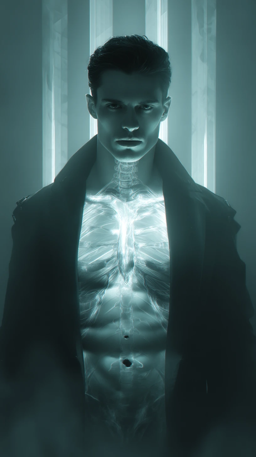 Man with glowing chest skeleton in dramatic digital portrait