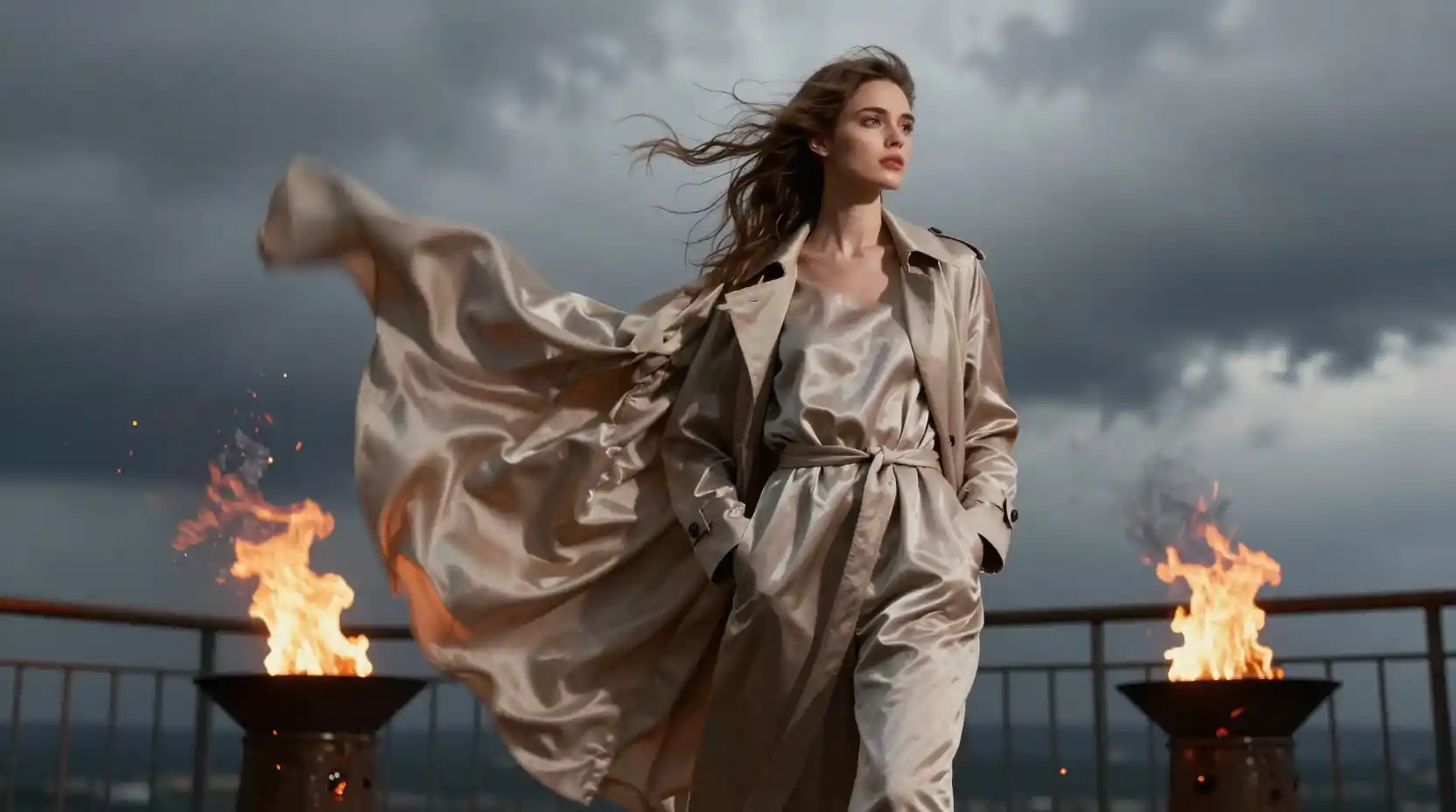 Young woman on windy balcony with storm clouds