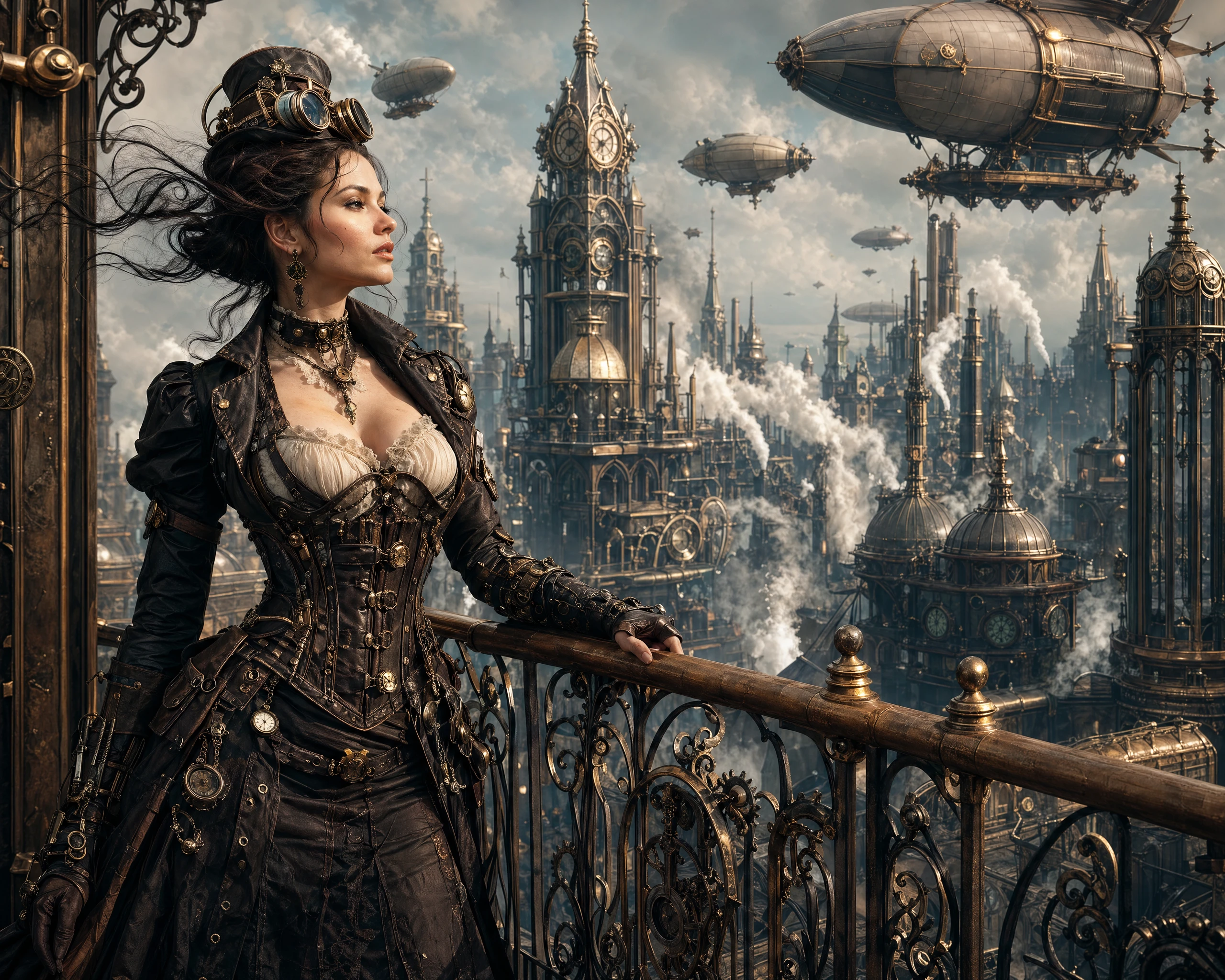 Steampunk woman standing on a balcony in a fantasy city