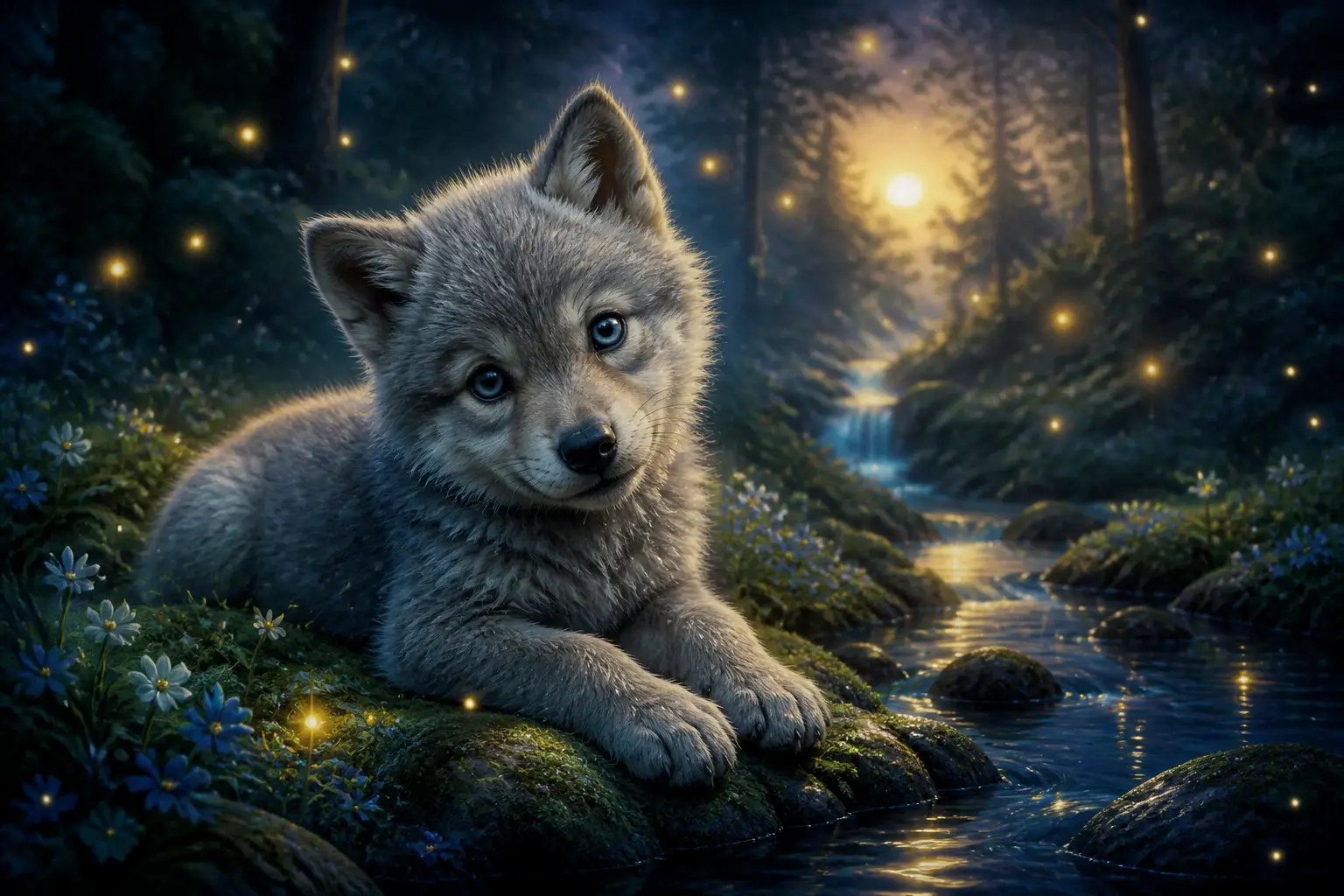 Baby Gray Wolf Resting Beside A Twilight Forest Stream