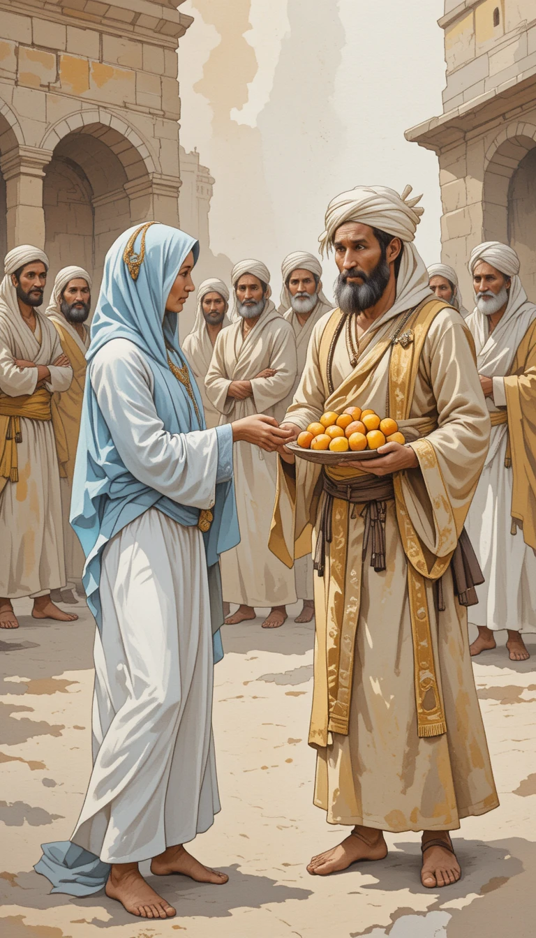 Watercolor scene of merchant sharing fruit in ancient market