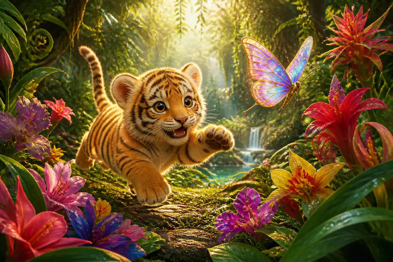 Playful baby tiger chasing butterfly in lush jungle