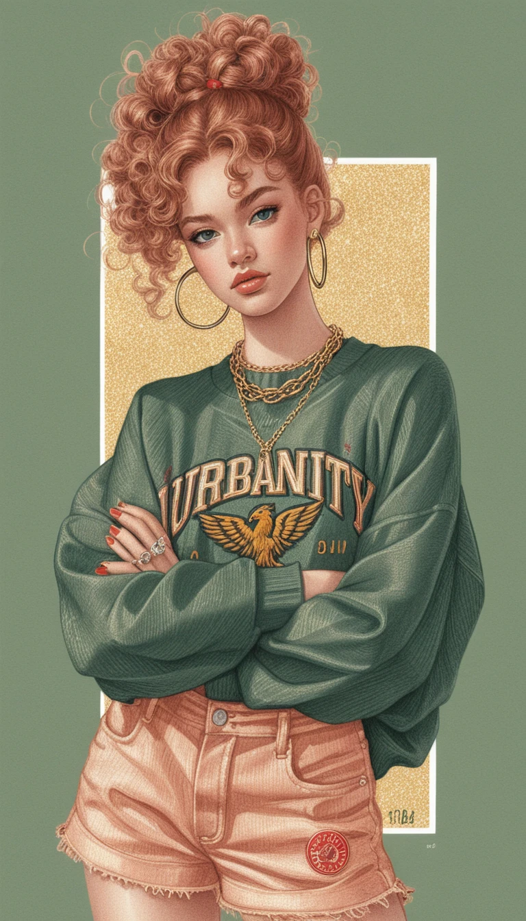 Confident woman in vintage sweatshirt fashion illustration
