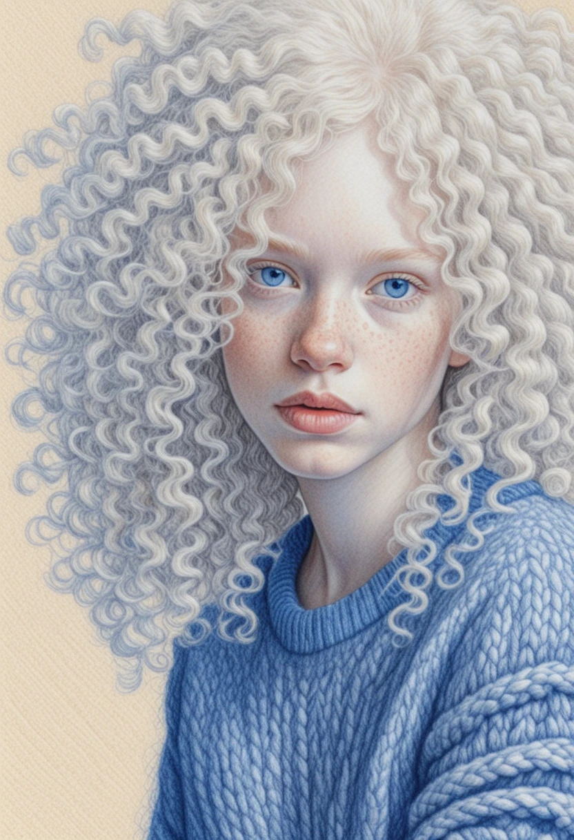 Albino girl portrait in blue pencil with soft freckles
