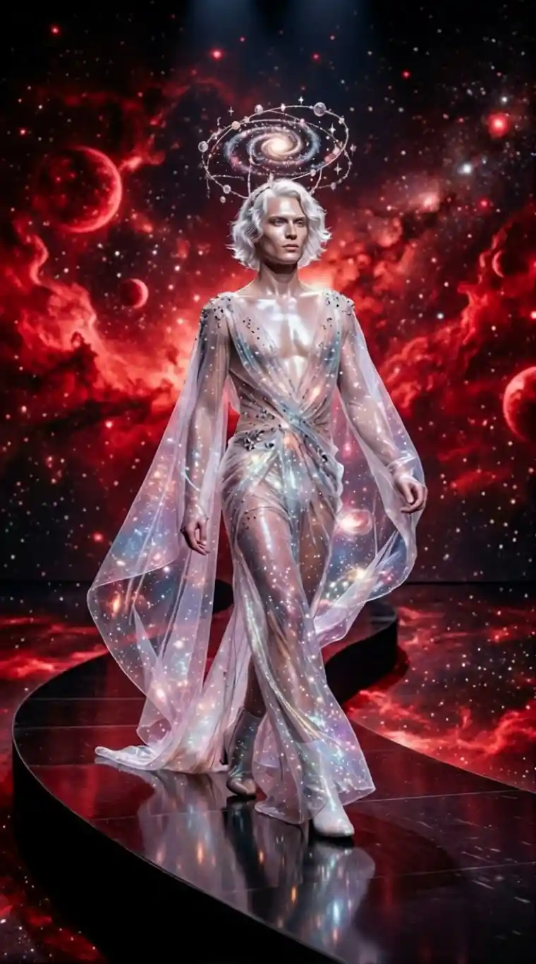 Celestial fashion model walking through glowing red galaxy