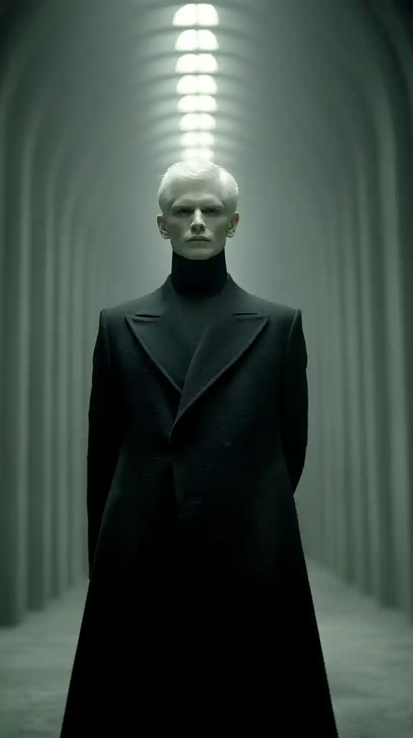 Elegant man with glowing skeletal chest in dark light columns