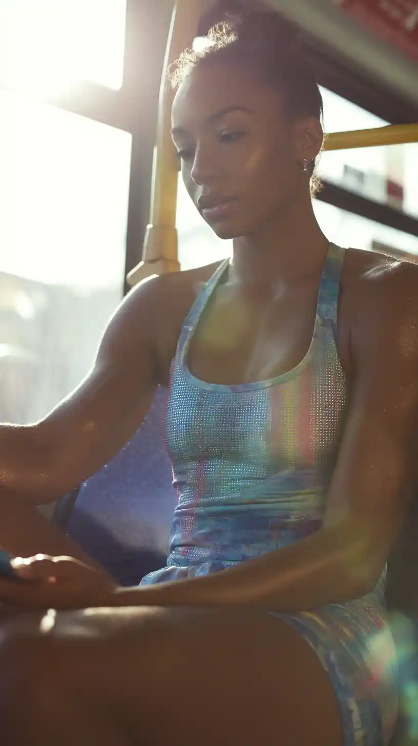 Cinematic portrait of a woman on a morning city bus