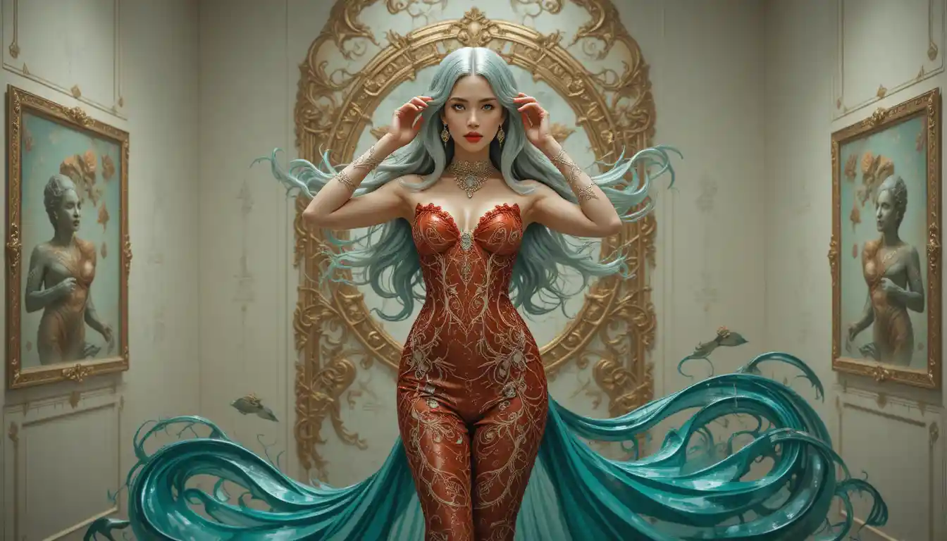 Elegant woman in turquoise dress in minimalist art gallery