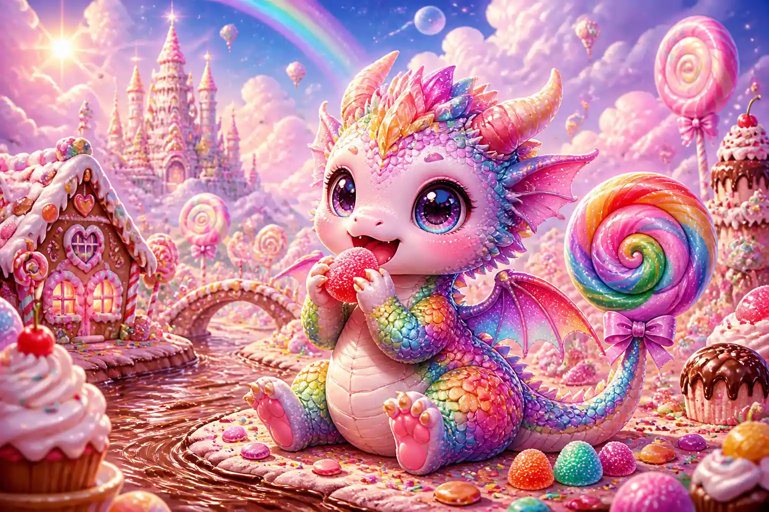 Cute candy dragon in a bright kawaii fantasy landscape