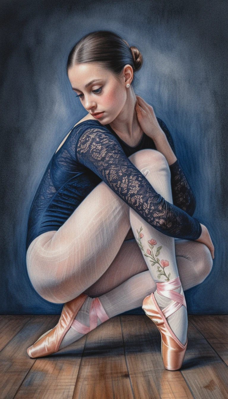 Young ballerina crouched on wooden floor in chiaroscuro light