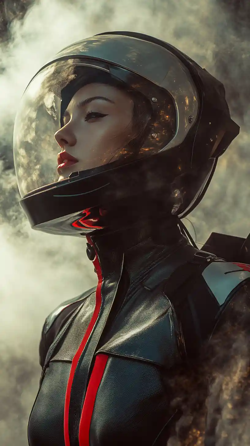 Frau im futuristischen Astronautenanzug auf nebliger Alienwelt