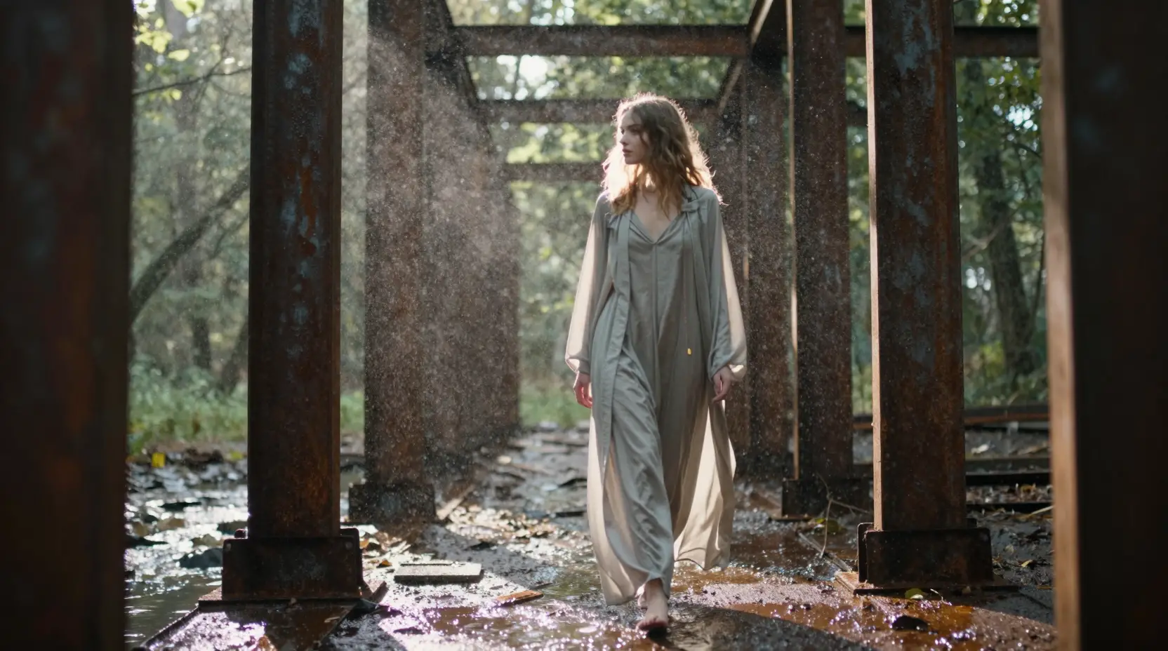 Young woman walking through steel columns in misty ruins