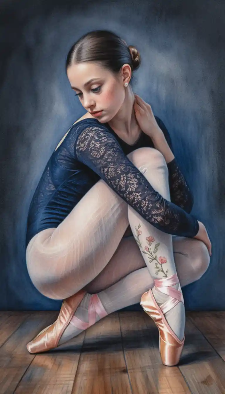 Young ballerina crouched on wooden floor in chiaroscuro light