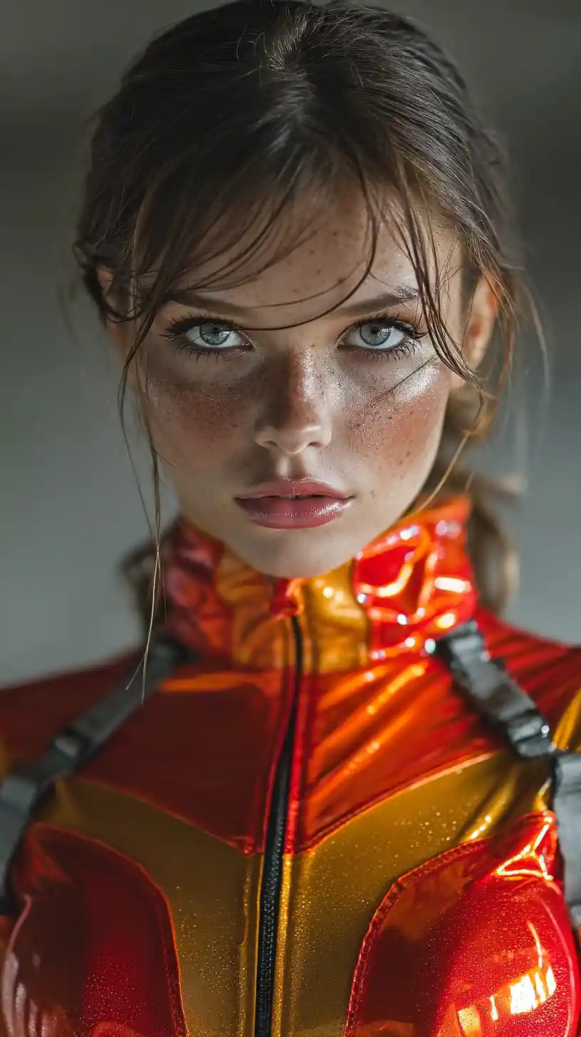 Athletic woman in gold latex suit on alien desert world