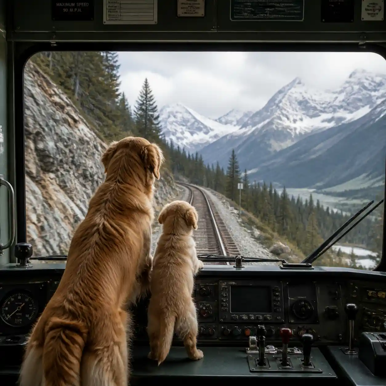 Cani che osservano i binari di una ferrovia di montagna dalla cabina di guida