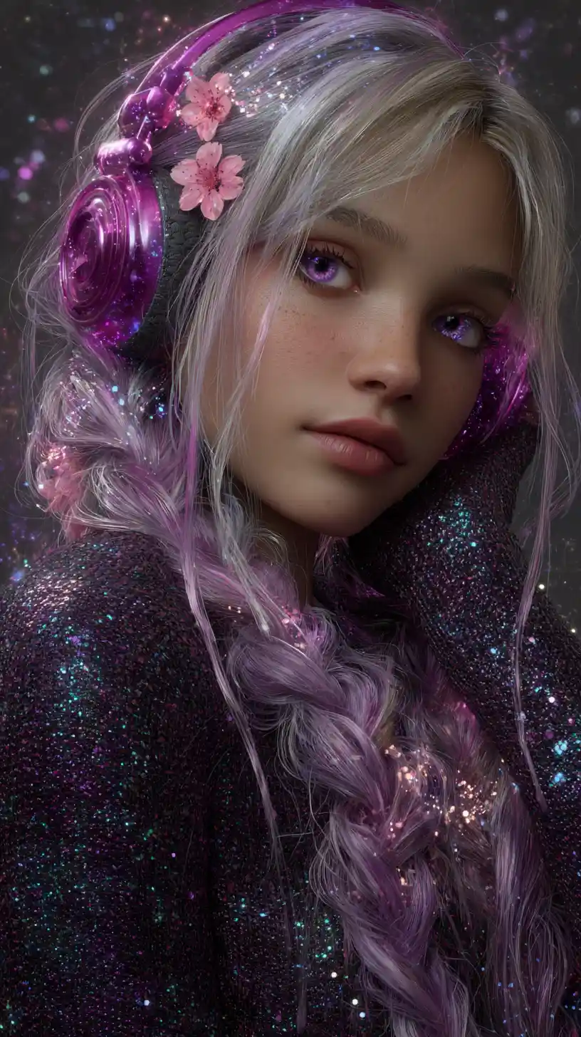 Purple haired anime woman with headphones and cosmic aura