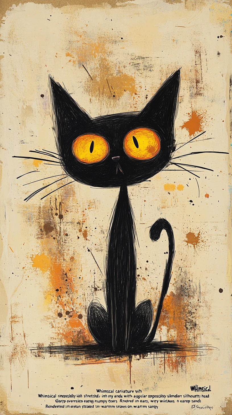 Whimsical black cat with glowing yellow eyes in crayon style