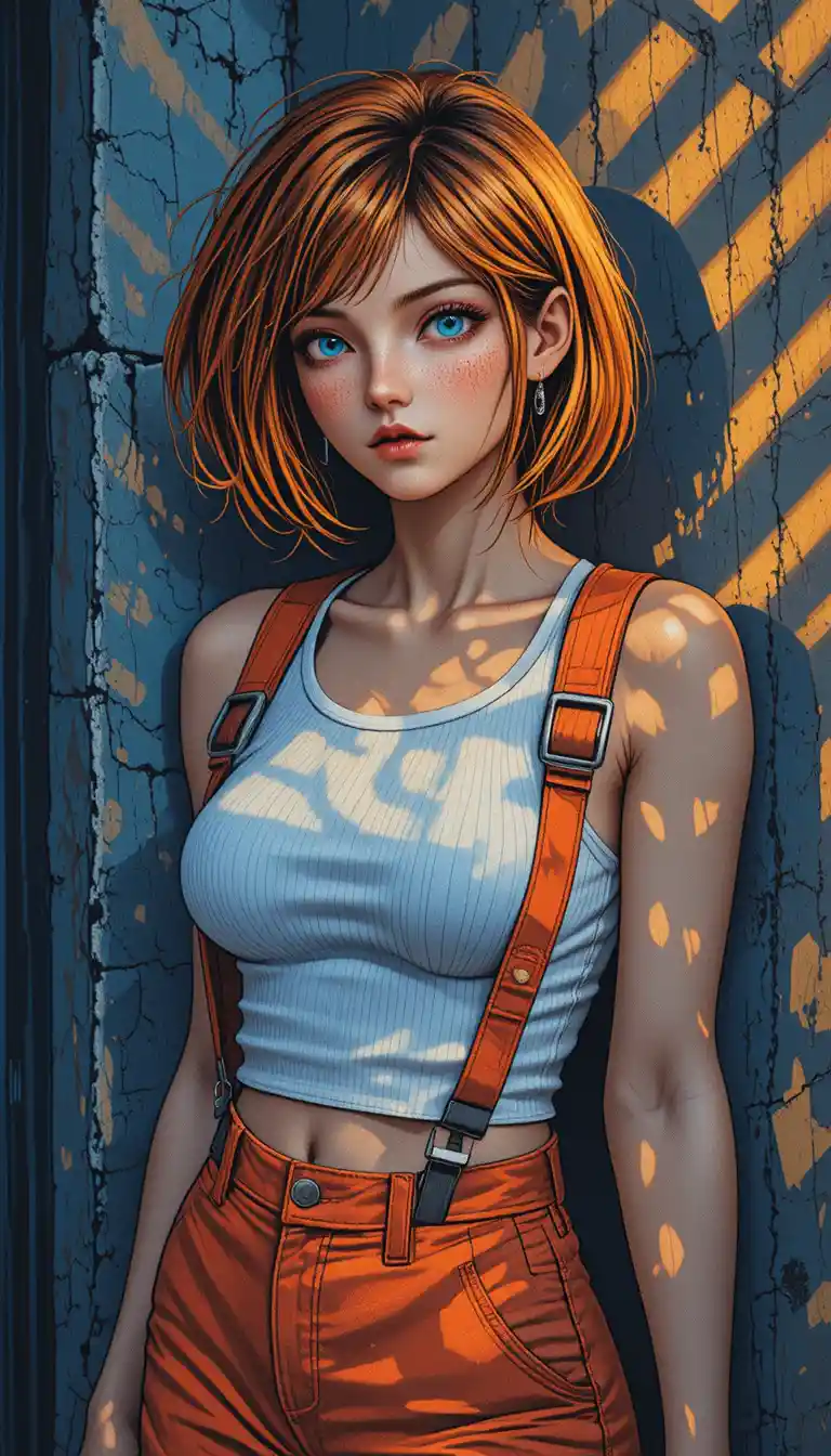 Young woman in orange gear against gritty concrete wall