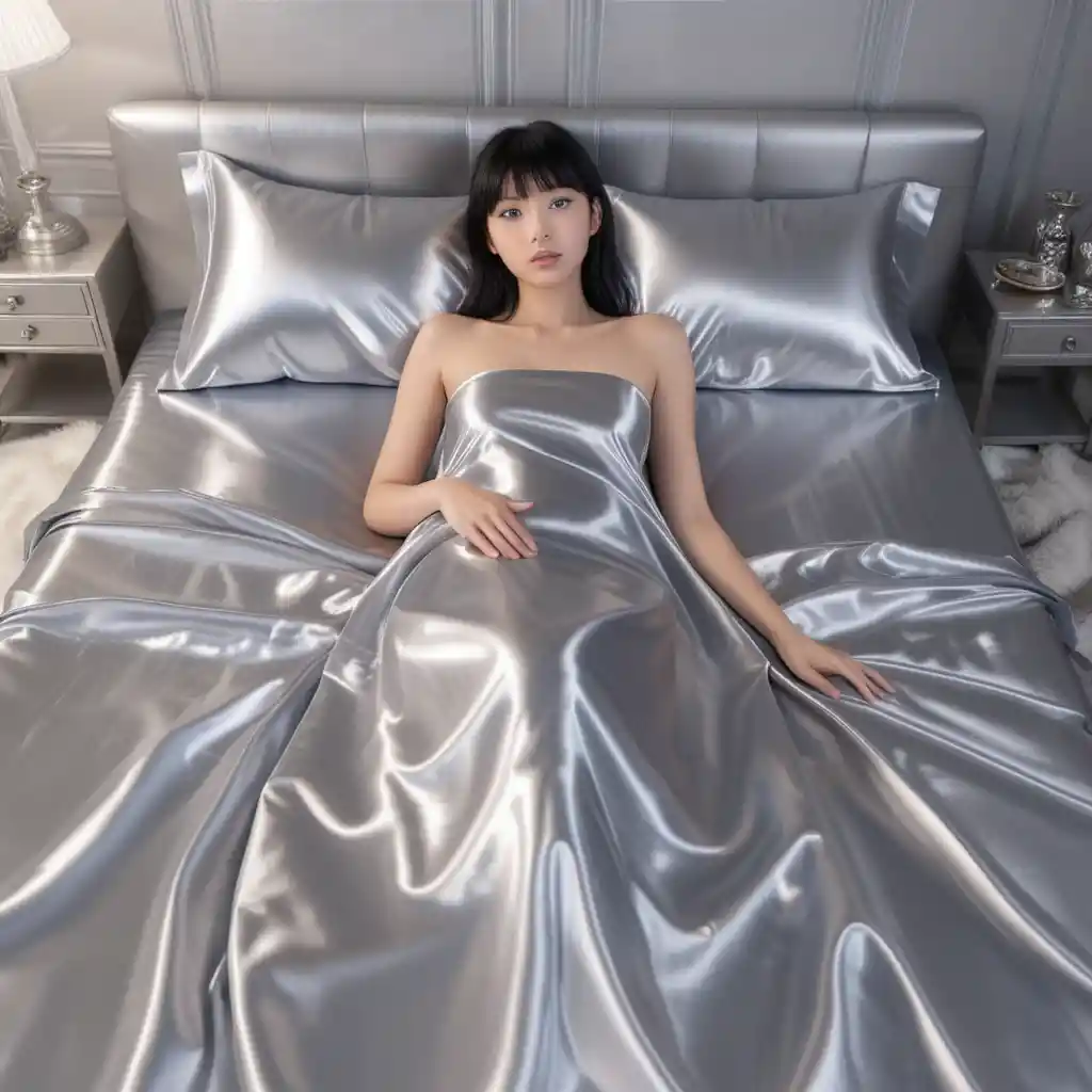 Japanese woman lying on silver satin bed sheets