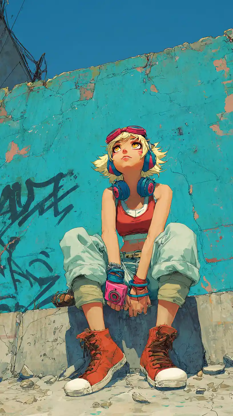 Anime girl crouching by cyan graffiti covered urban wall