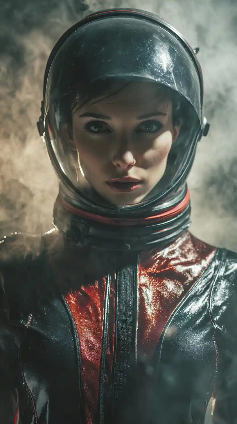 Female astronaut in black and red suit on alien world