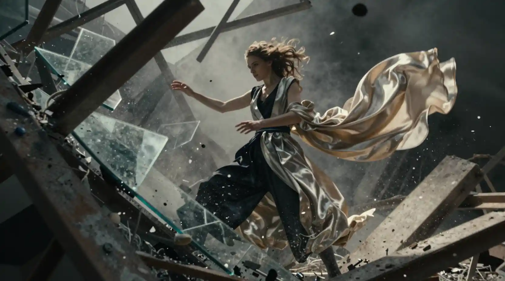 Young woman stands amid collapsing steel and glass structure