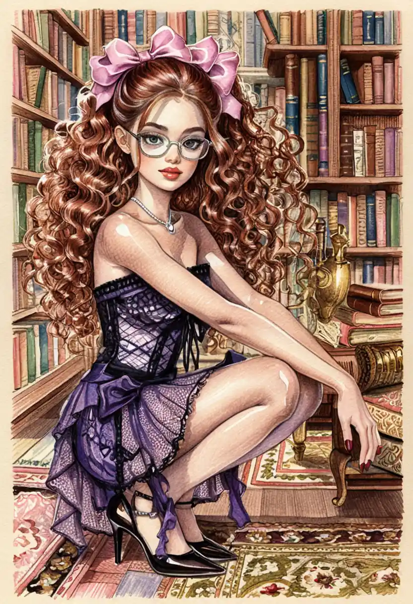 Anime girl in a cozy library with magical glowing book