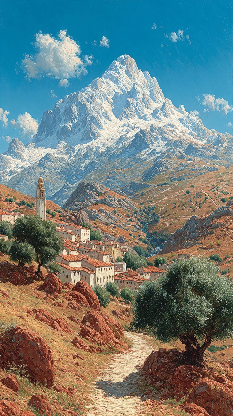 Victorian oil painting of snow capped Algerian mountains
