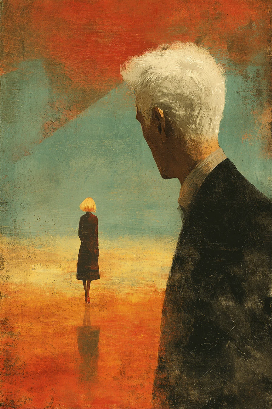 White haired man watching a blonde woman walk away