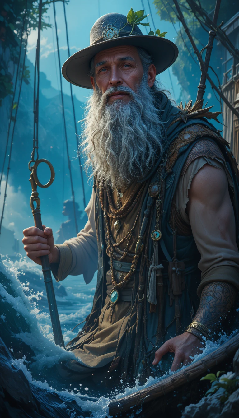 Old fisherman alone at sea searching for one great catch