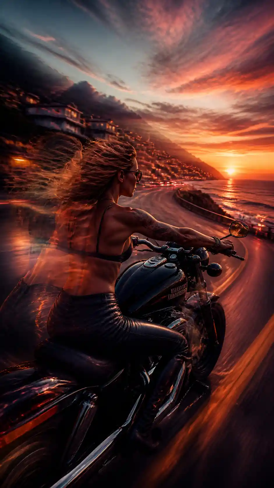 Bold female biker riding a motorcycle at coastal sunset